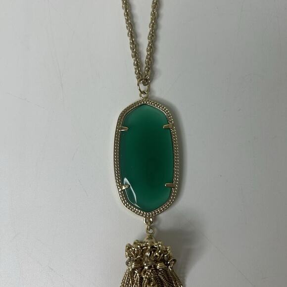 Kendra Scott Rayne Gold Tassel Green Stone 32" Long Chain Pendant Necklace - Picture 3 of 5